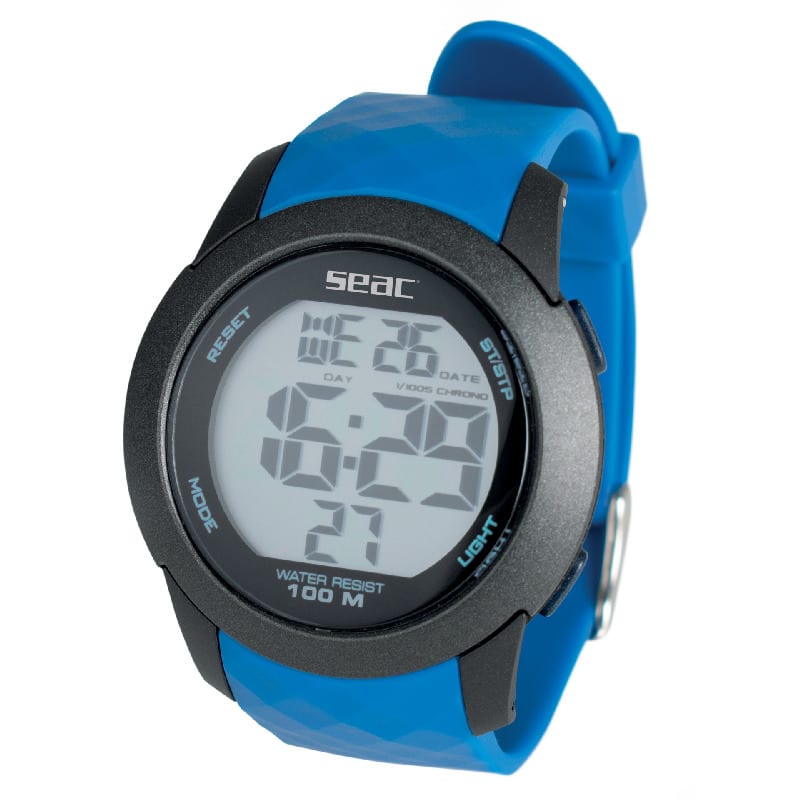 Reloj sumergible SEAC Chronos azul con esfera digital y correa de caucho, resistente al agua 100 metros