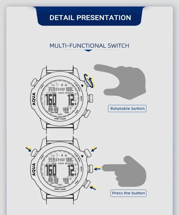 NORTH EDGE AQUA – Reloj computador de buceo (Scuba/Apnea) con brújula, altímetro, barómetro y termómetro – 100 m - Imagen 6